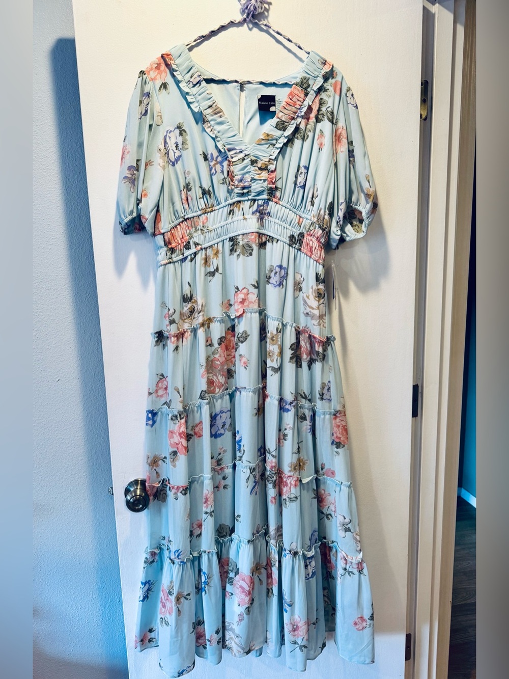 Maison Tara Pale Blue Floral Tiered Midi Dress